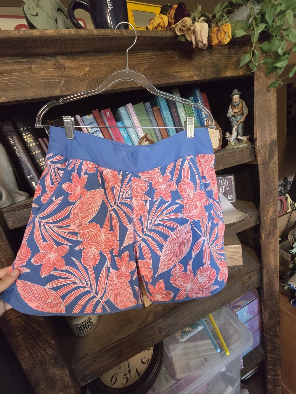 Lands' End Blue Swim Shorts with Coral Floral Print